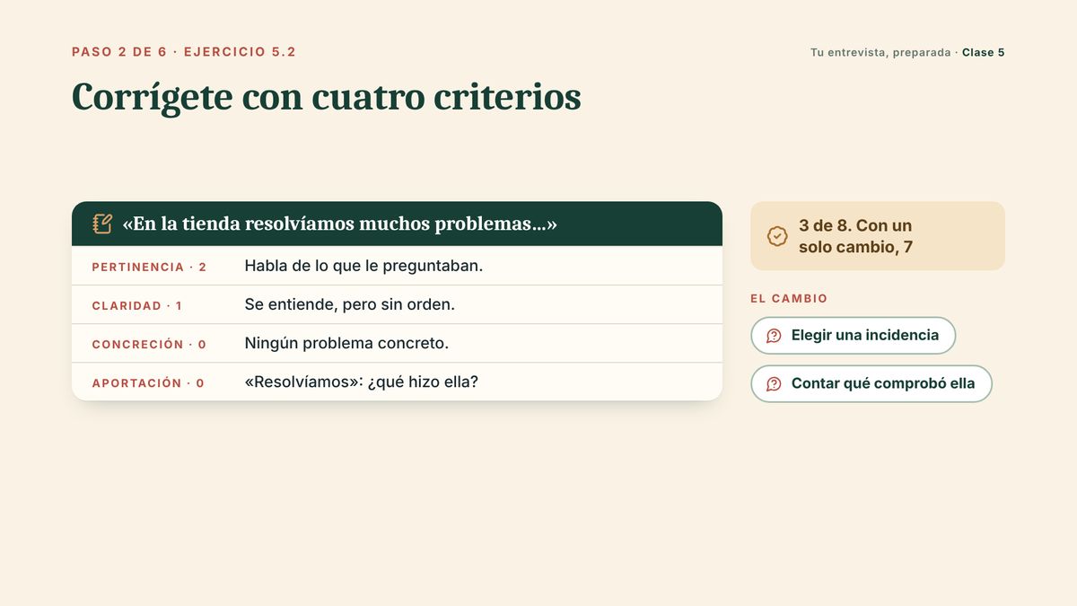 Escena de la clase 5: corregir una respuesta con cuatro criterios