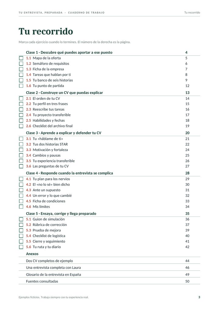 Índice del cuaderno con los 30 ejercicios