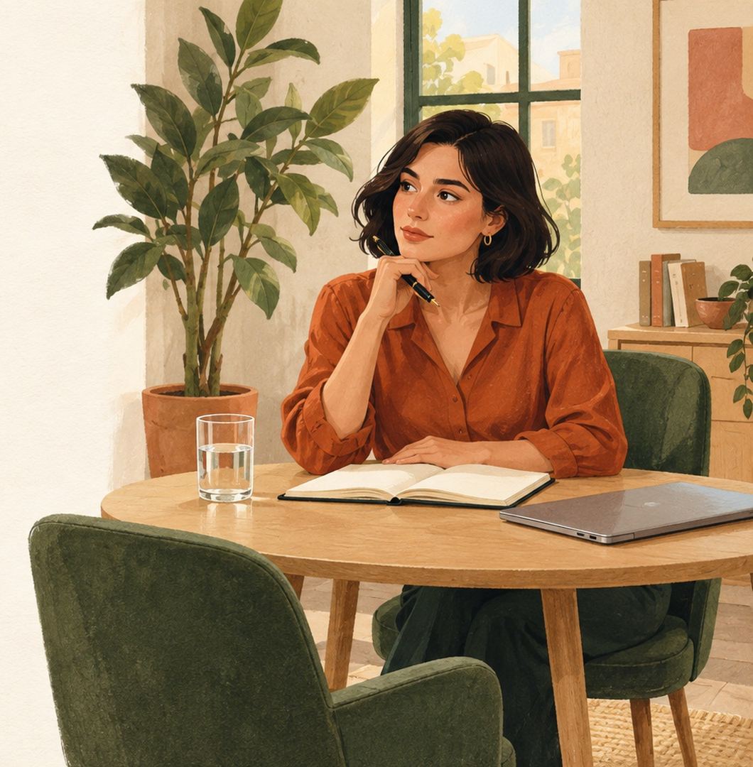 Ilustración de una mujer sentada a una mesa con un cuaderno abierto, pensando con calma